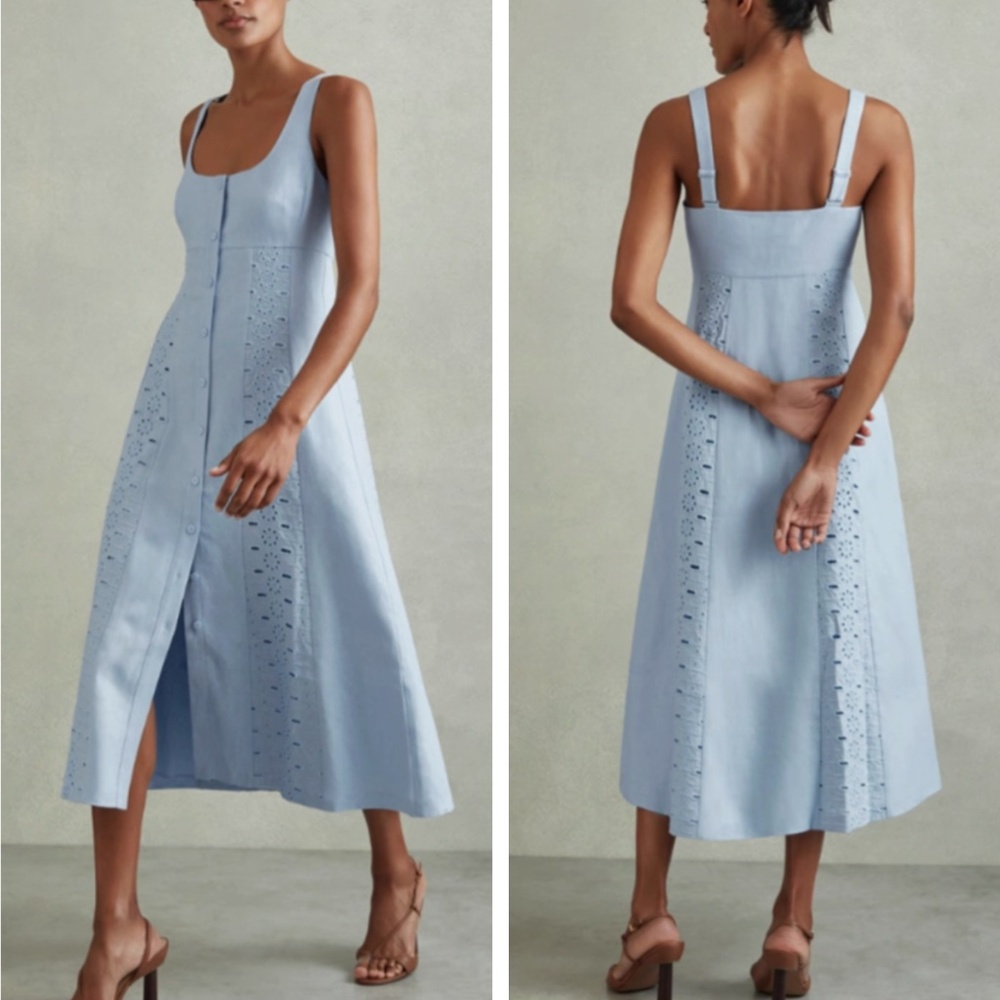 BEST REISS Clarice Broderie Midi Dress - Light Blue Spring Party Wedding Linen - Picture 1 of 10